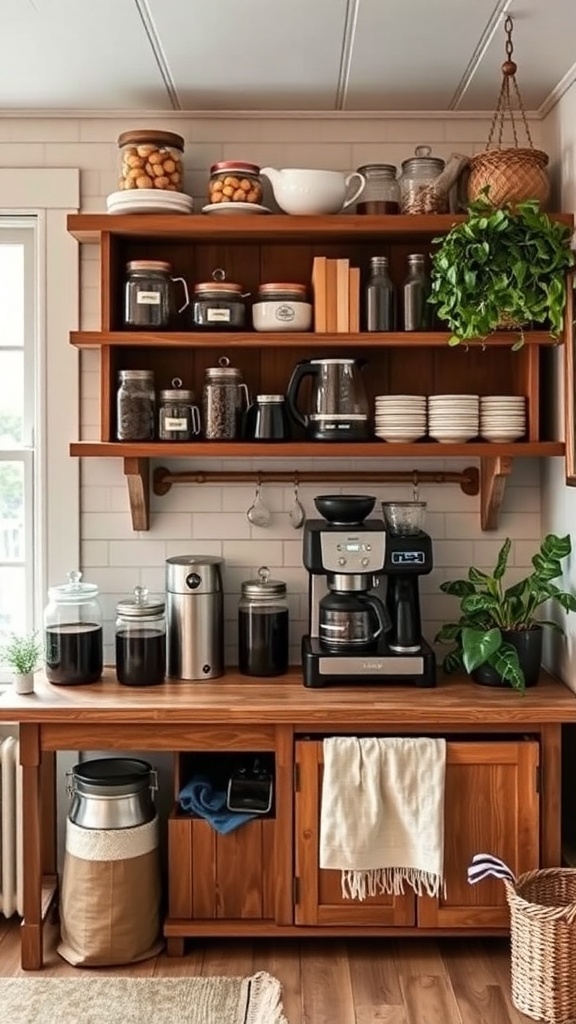A rustic farmhouse coffee bar featuring wooden shelves, coffee supplies, and potted plants.