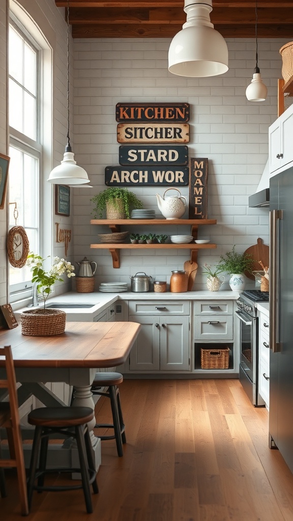 A rustic farmhouse kitchen featuring wooden shelves, vintage signs, and natural elements.