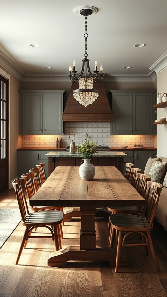 A rustic farmhouse dining room featuring a large wooden table, stylish chairs, and warm lighting.