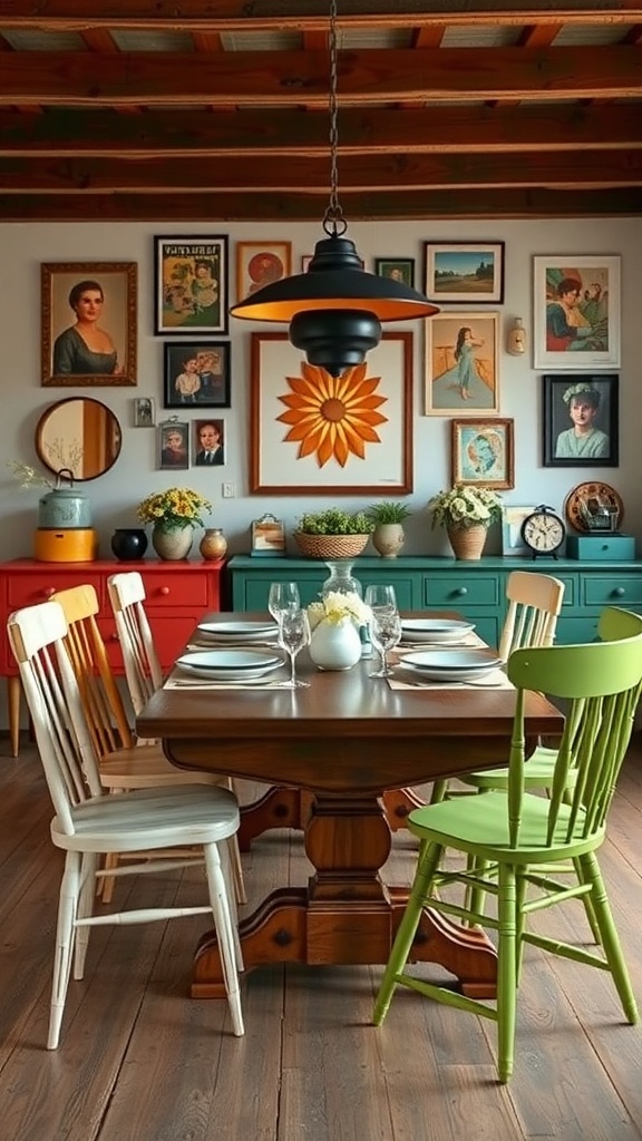 A rustic farmhouse dining table surrounded by colorful chairs and vintage decor on the walls.