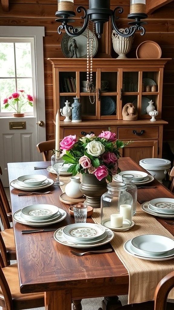 A rustic farmhouse dining table set with plates, glasses, and a floral centerpiece, surrounded by wooden chairs.