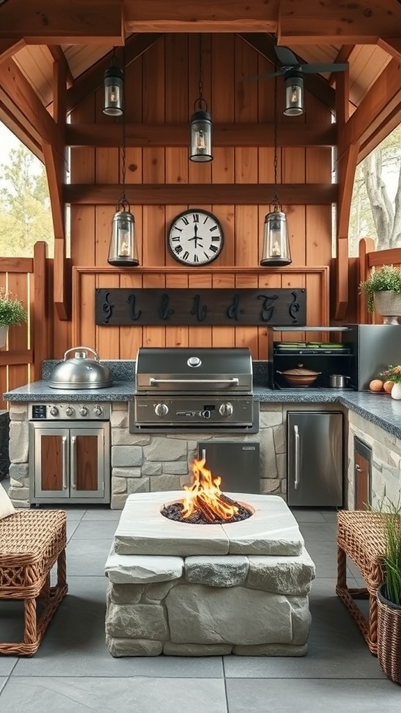 Rustic farmhouse grill area featuring a stone fire pit, wooden walls, and a grill.