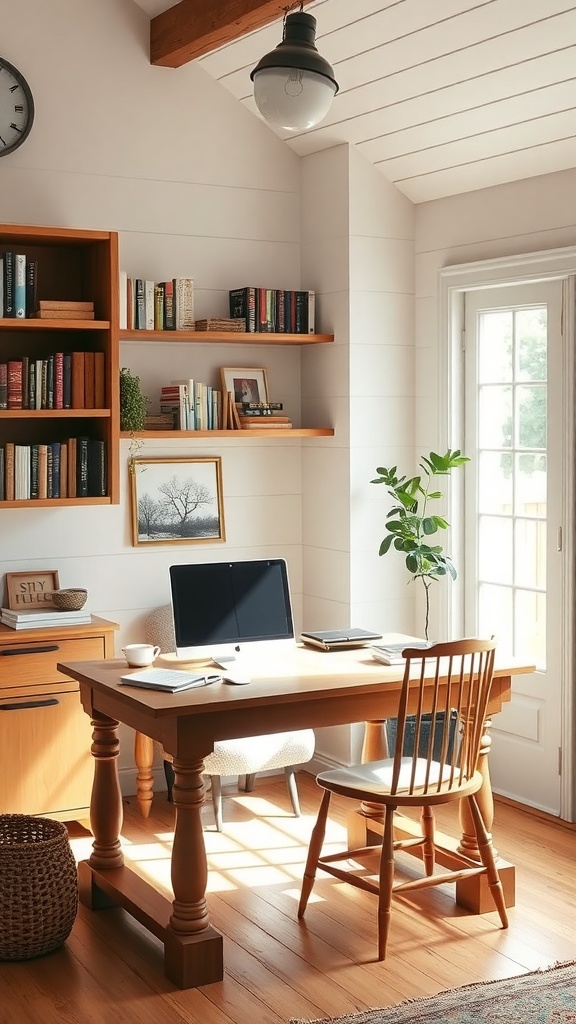 A rustic farmhouse home office featuring a wooden desk, bookshelves, and natural light.