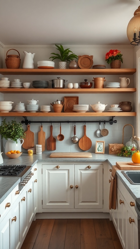A rustic farmhouse kitchen featuring open shelves with dishware, wooden utensils, and plants.