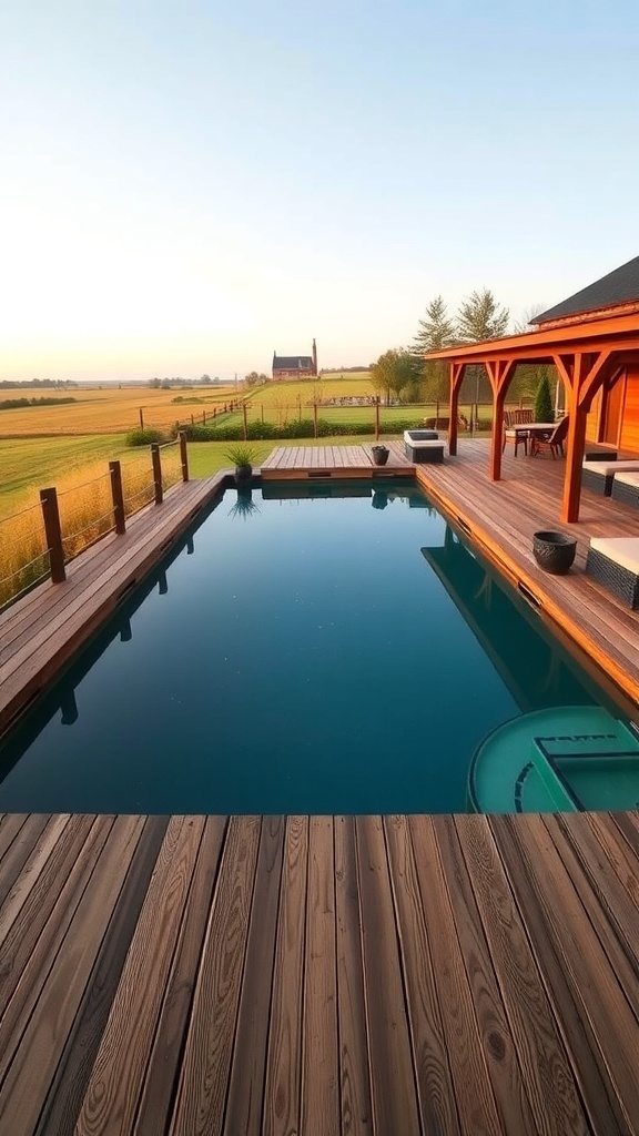A rustic farmhouse pool surrounded by a wooden deck and open fields in the background.