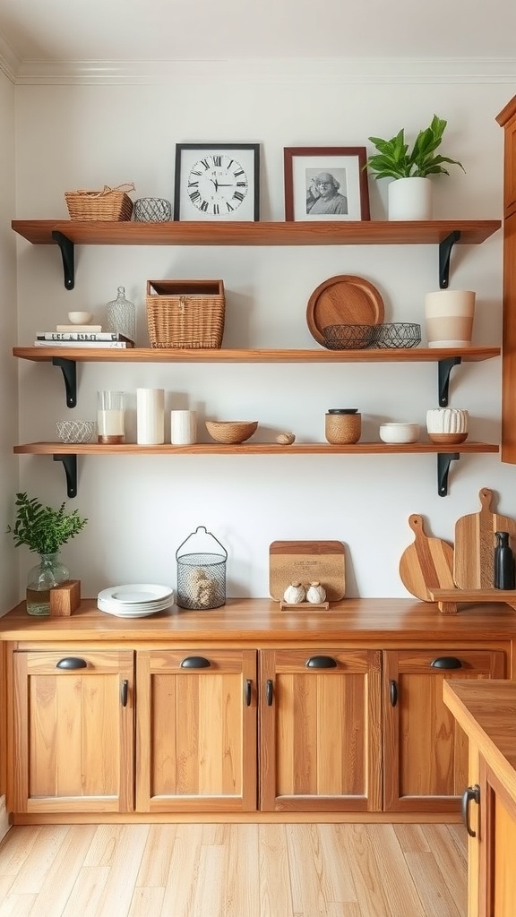 Rustic farmhouse style shelves with various decor items.