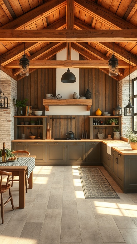 A rustic farmhouse kitchen with wooden beams and cozy decor.
