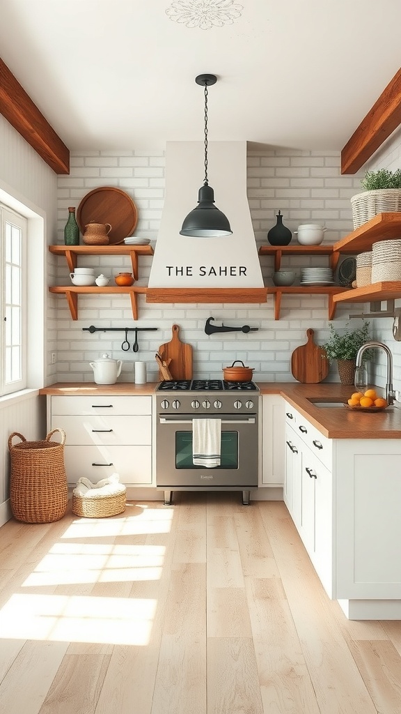 A cozy kitchen with rustic farmhouse decor, featuring wooden shelves, a modern stove, and warm lighting.