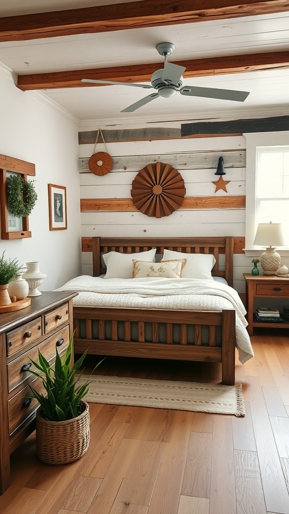 A rustic farmhouse bedroom featuring wooden beams, a wooden bed frame, soft bedding, and decorative wall art.
