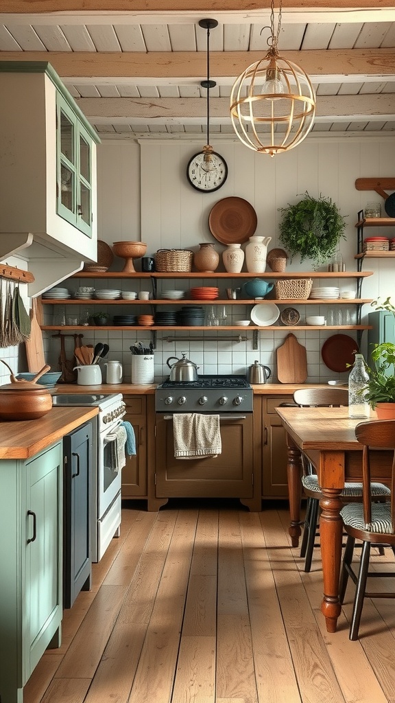 A rustic farmhouse kitchen with open shelving, vintage dishes, and wooden accents.