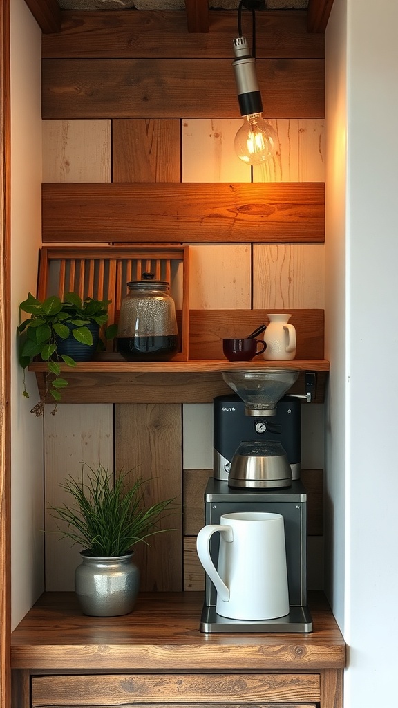 A rustic coffee nook featuring wooden shelves, a coffee maker, and plants.