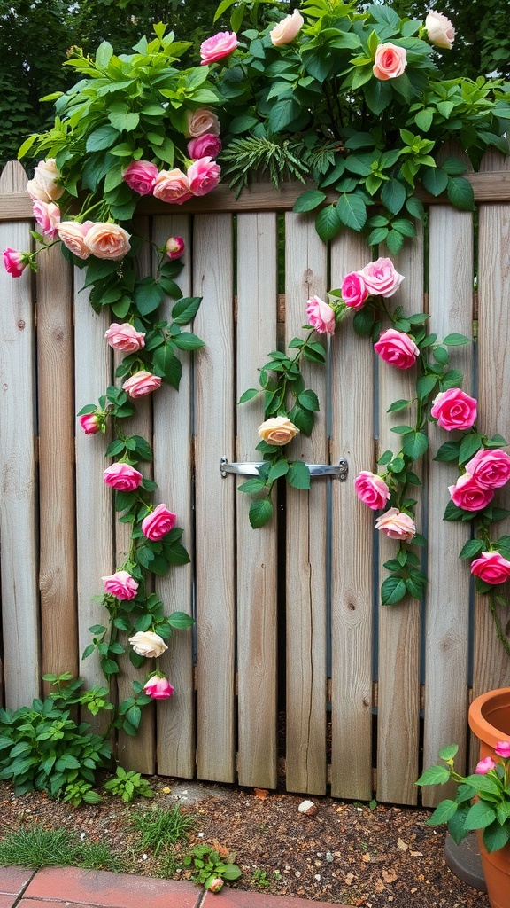 A rustic wooden fence adorned with climbing roses in pink and cream colors.