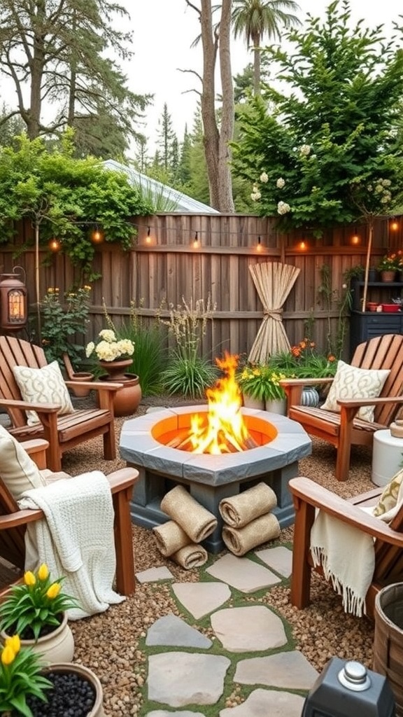 A cozy rustic fire pit surrounded by wooden chairs and blankets, with greenery and string lights in the background.