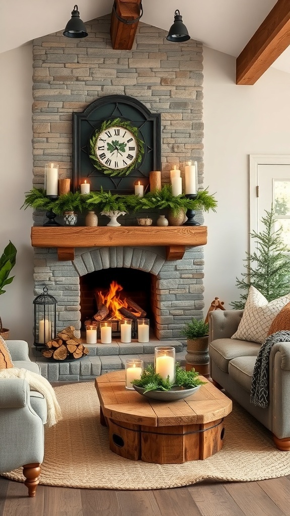 Cozy rustic living room with a stone fireplace, wooden mantel, candles, and greenery.