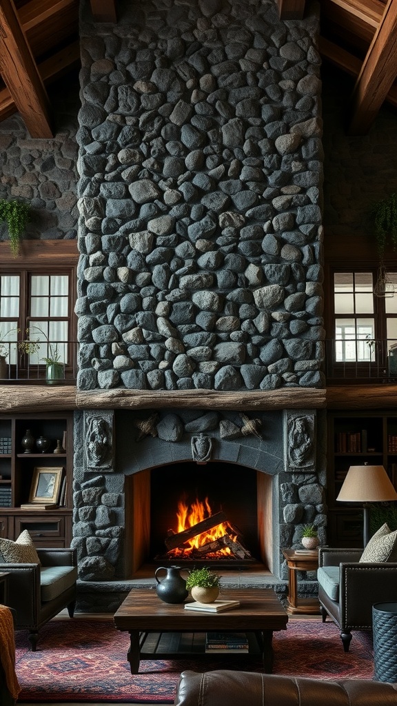 A rustic stone fireplace with a roaring fire, surrounded by cozy seating and warm decor.