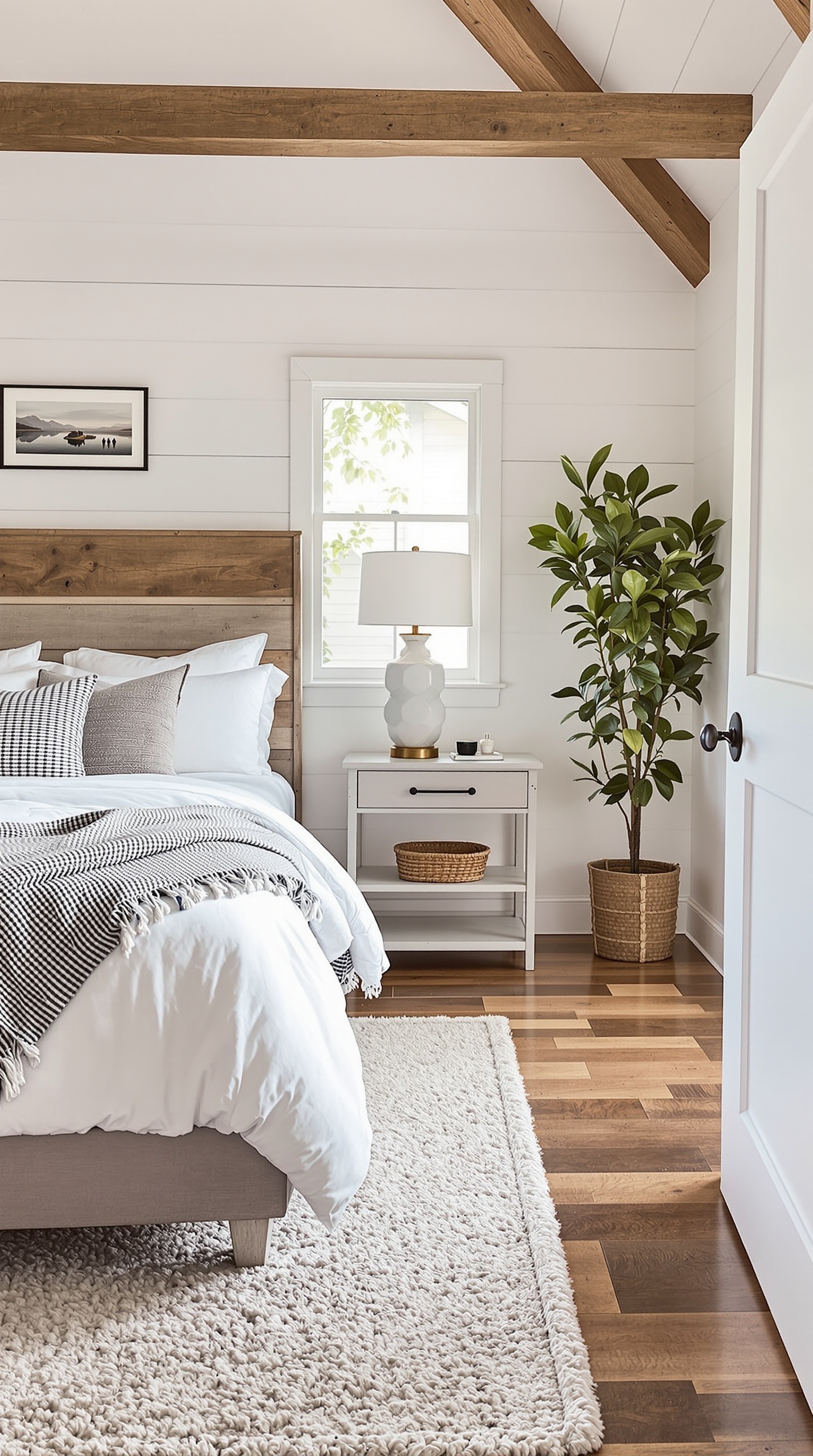 A cozy farmhouse bedroom with wooden flooring, a bed with white linens, and a soft area rug.