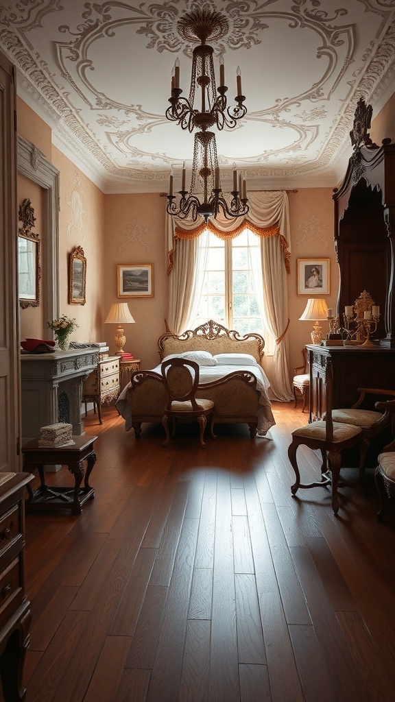 A beautifully decorated Rococo bedroom with rustic wooden flooring.