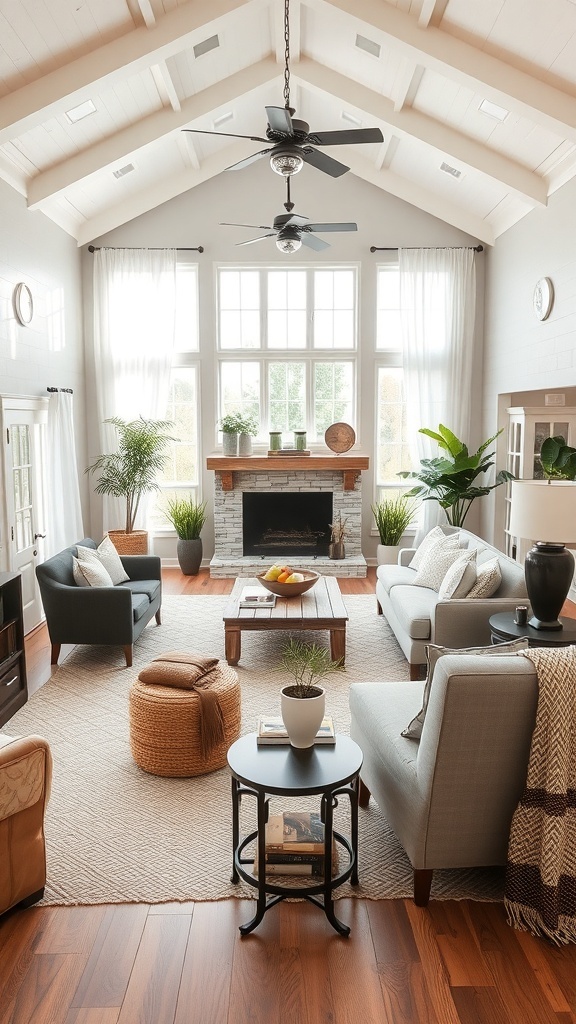 A cozy living room featuring rustic furniture, large windows, and plants.