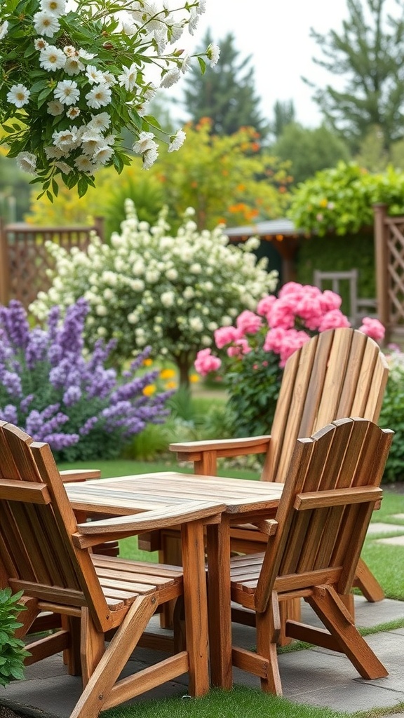 A rustic wooden table and chairs set in a colorful garden with blooming flowers.