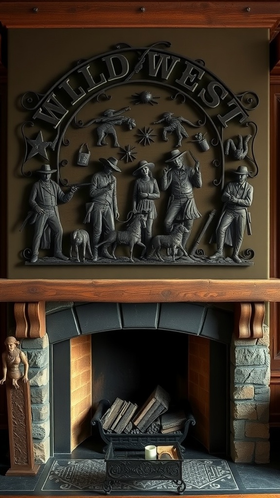 Rustic iron wall art featuring Wild West figures above a fireplace.
