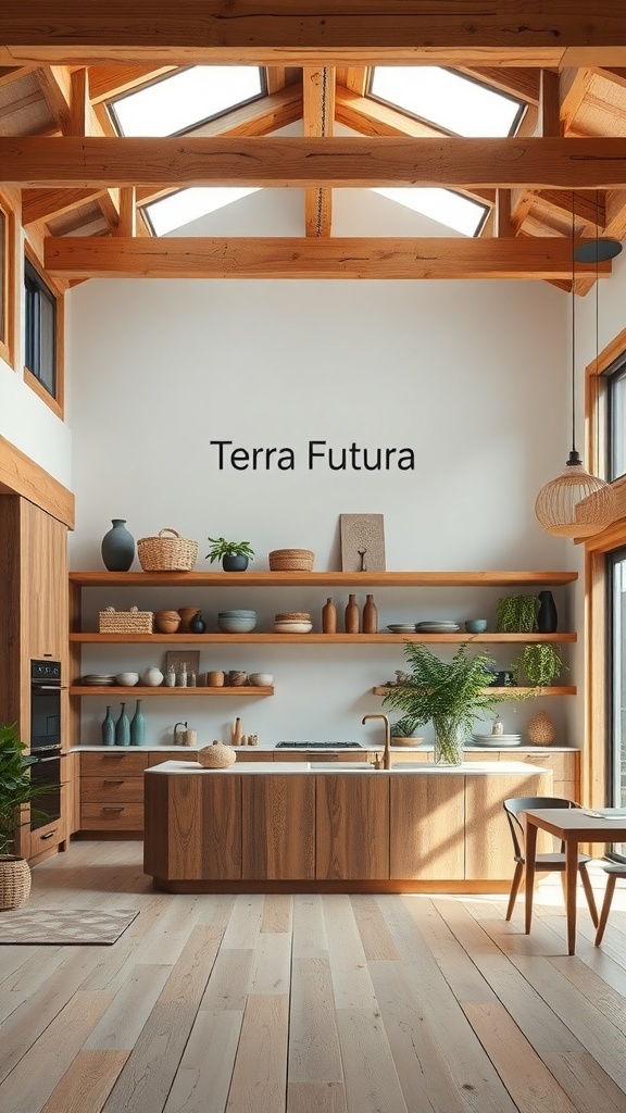A rustic kitchen featuring wooden beams, open shelves with pottery, and a warm color palette.
