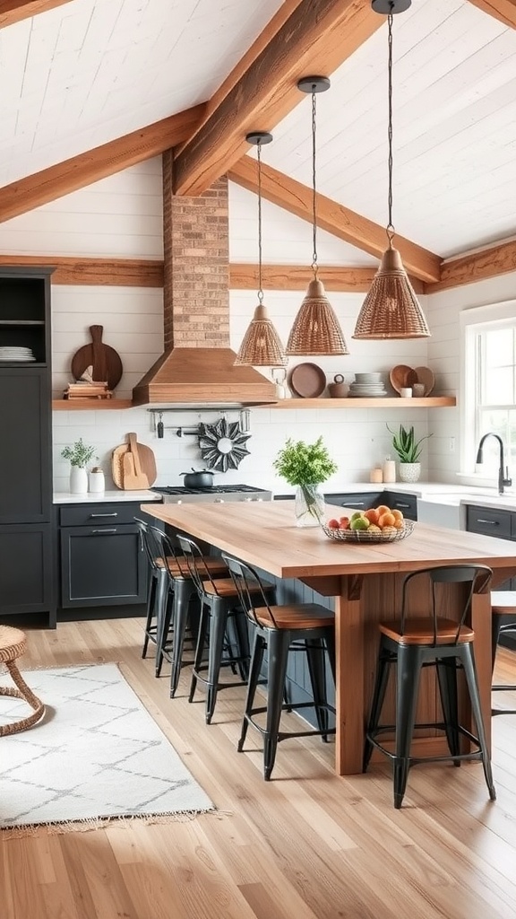 A rustic kitchen island with wooden top and black bar stools in a modern farmhouse kitchen.