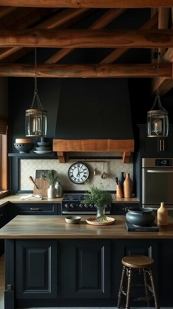 A rustic kitchen featuring dark cabinets, wooden beams, and vintage decor.