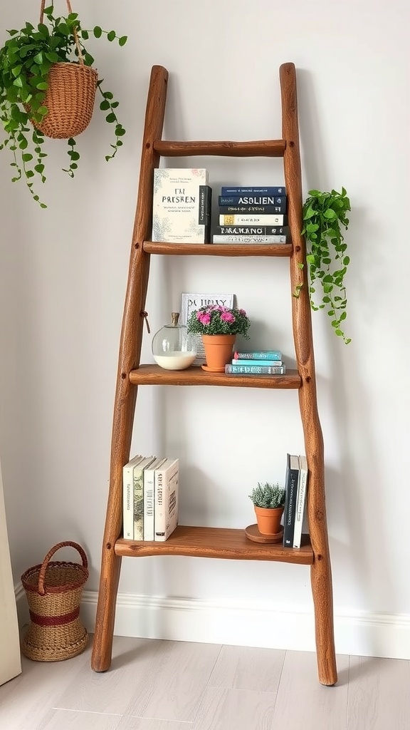 A rustic wooden ladder book display with books and potted plants.