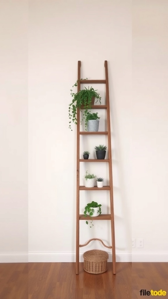 A rustic wooden ladder displaying various potted plants against a light wall.