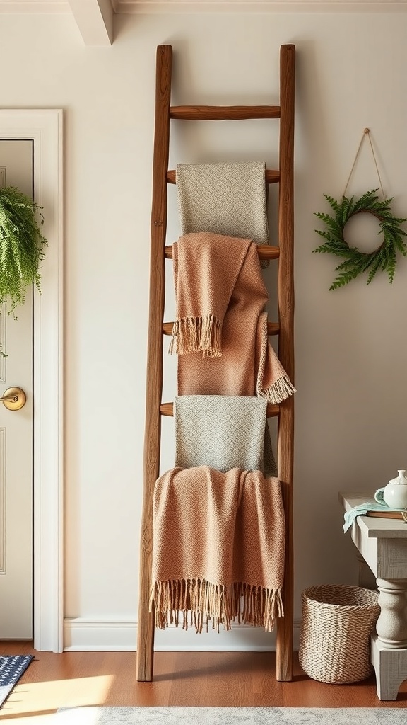 A rustic wooden ladder displaying three cozy blankets in a warm, inviting room.