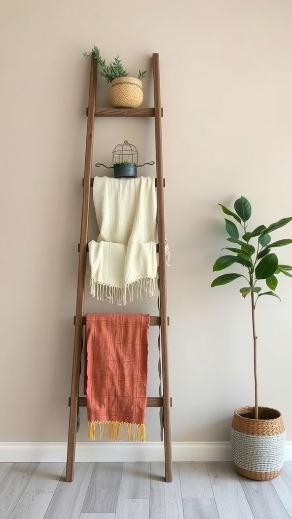 A rustic wooden ladder display with blankets and plants
