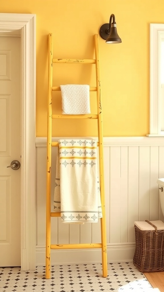 A rustic yellow ladder towel rack with towels in a bright bathroom.