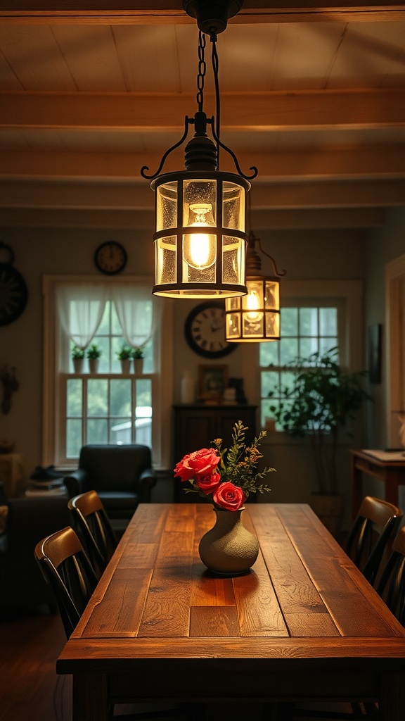 Rustic lantern lighting fixtures hanging above a wooden dining table with flowers.