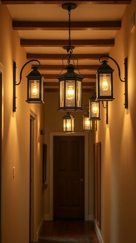 A hallway with rustic lantern lighting hanging from the ceiling, illuminating the space with a warm glow.