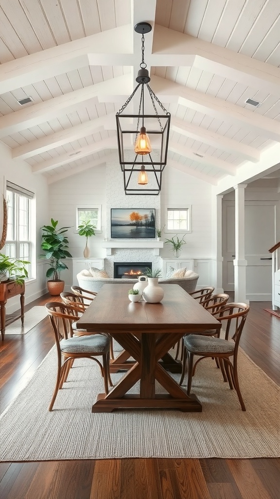 A cozy dining area with a rustic lighting fixture, wooden table, and chairs, featuring a warm and inviting atmosphere.