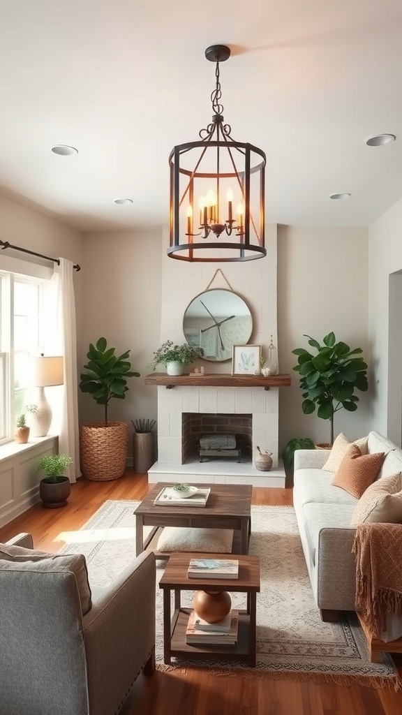 Cozy living room with rustic lighting fixtures and comfortable furniture.