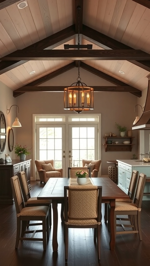 A rustic dining area featuring a chandelier, wooden beams, and a cozy table setting.