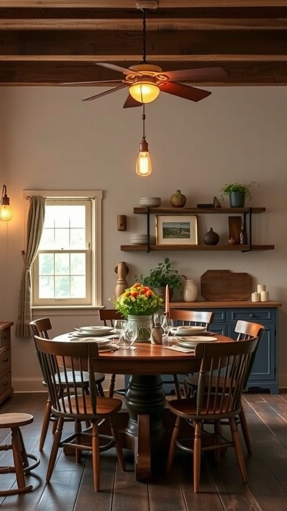A rustic dining area featuring a wooden table, chairs, and warm lighting from a ceiling fan and hanging bulbs.