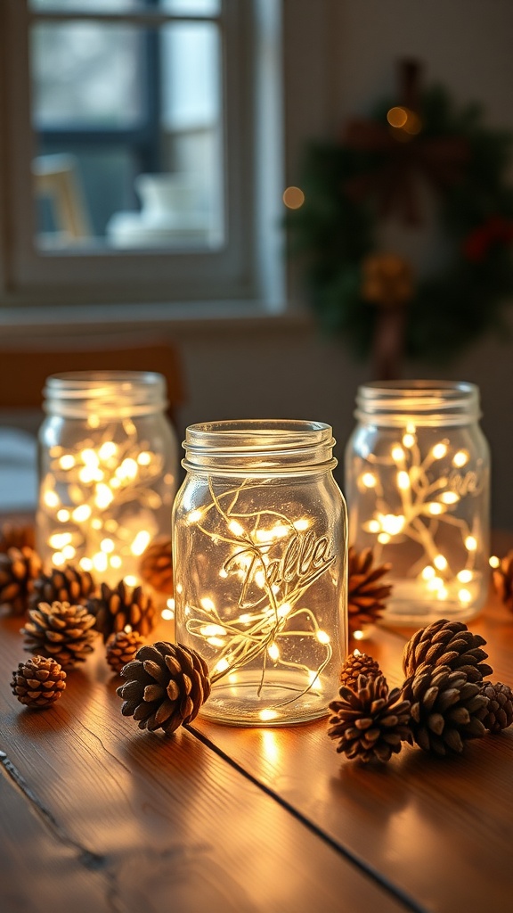 Rustic mason jar lanterns with fairy lights and pinecones on a wooden table.