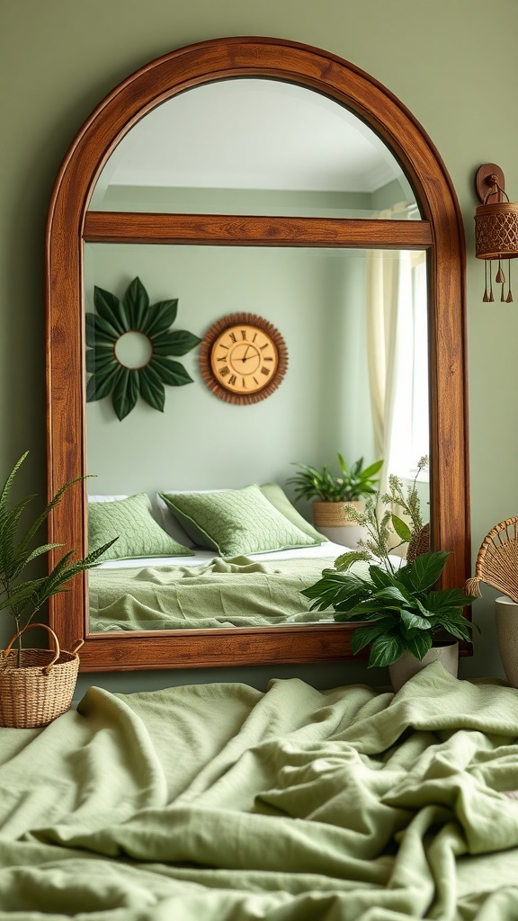 A rustic arched mirror in a sage green Boho-style bedroom with plants and textured bedding.