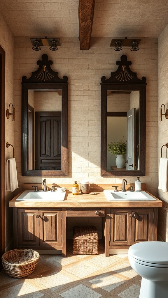 A rustic bathroom featuring two dark wood-framed mirrors above a wooden vanity with sinks.