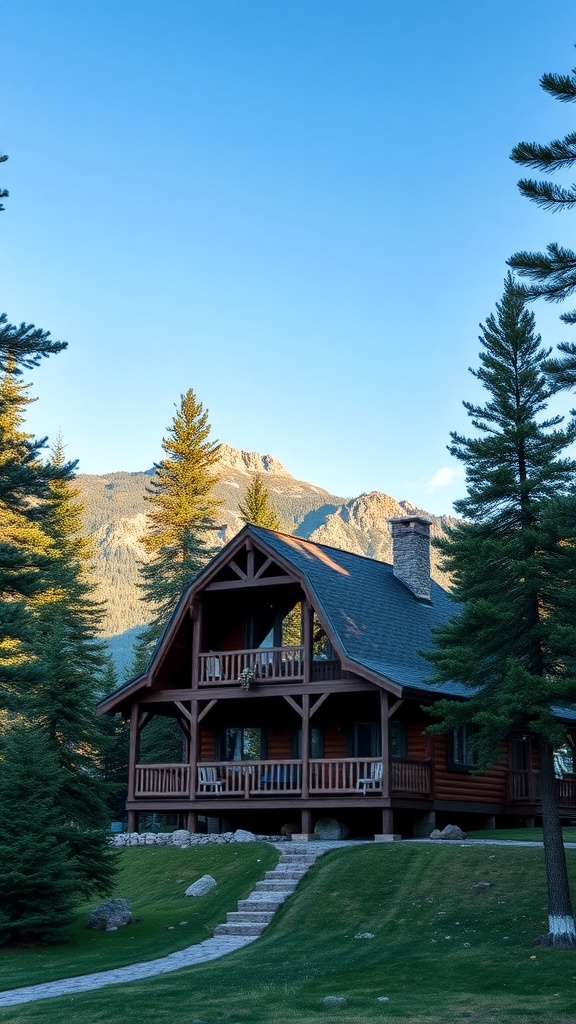 A rustic cabin surrounded by trees and mountains, featuring a balcony and a stone pathway.