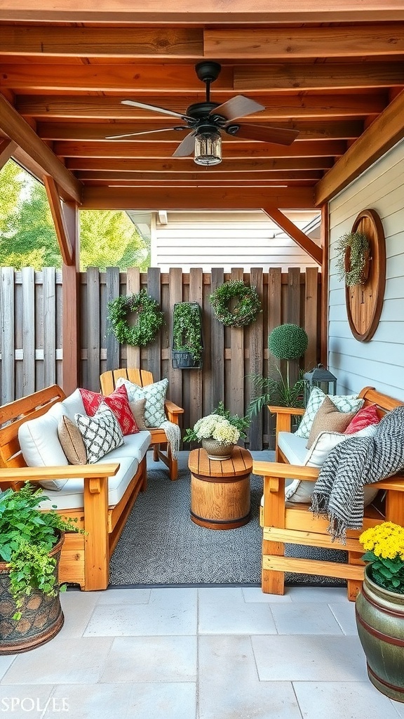 Cozy outdoor seating area with rustic pallet furniture, colorful cushions, and decorative plants.