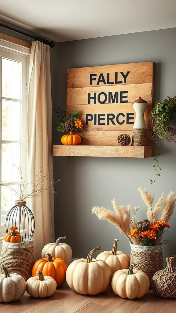 A rustic wooden sign with the words 'FALLY HOME PIERCE' surrounded by pumpkins and dried flowers.
