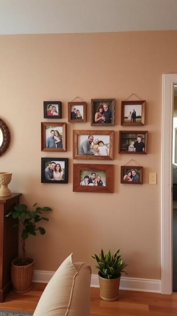 A rustic picture frame gallery with various framed photos on a wall, accompanied by a plant and decorative items.