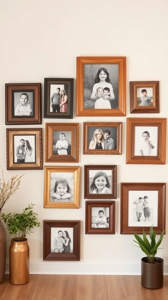 A collection of rustic picture frames displaying black-and-white photos on a wall.