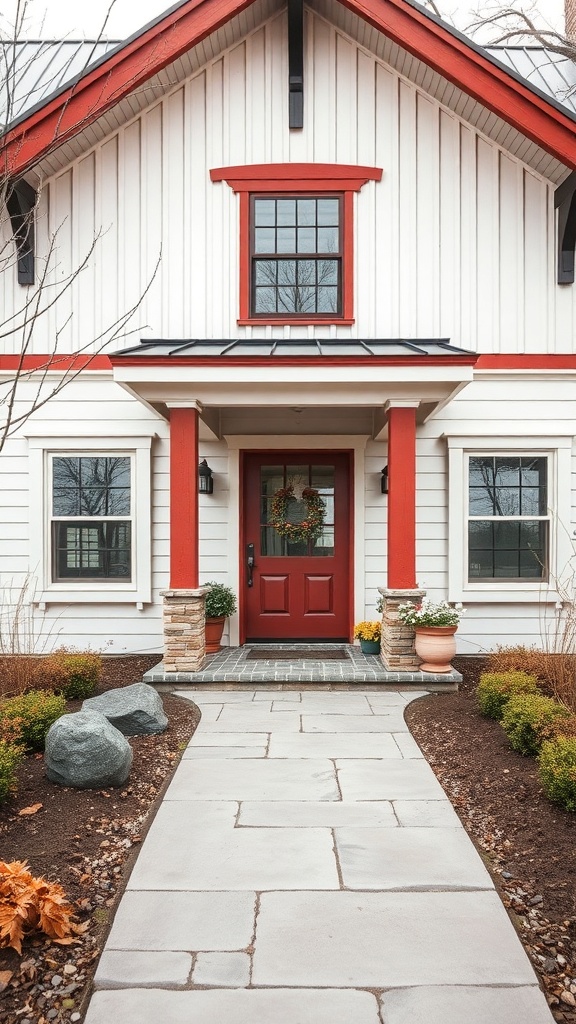 A house with rustic red accents on the door and window trims, featuring a white exterior and stone details.