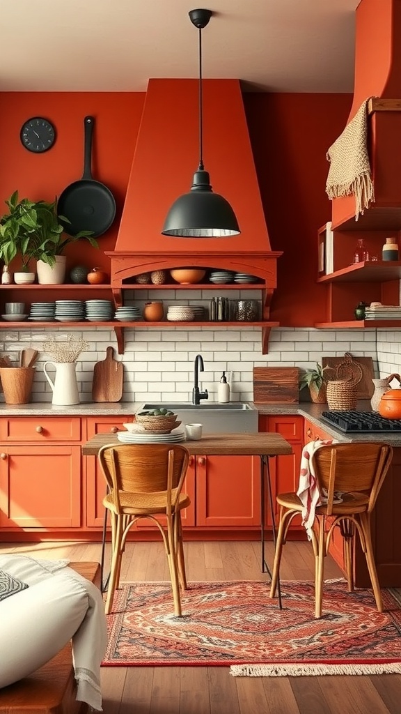 A cozy kitchen featuring vibrant red cabinets, black accents, and wooden chairs, creating a warm and inviting atmosphere.