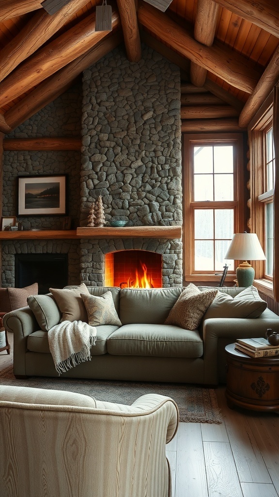 A rustic living room featuring a sunken sofa, stone fireplace, and wooden beams.