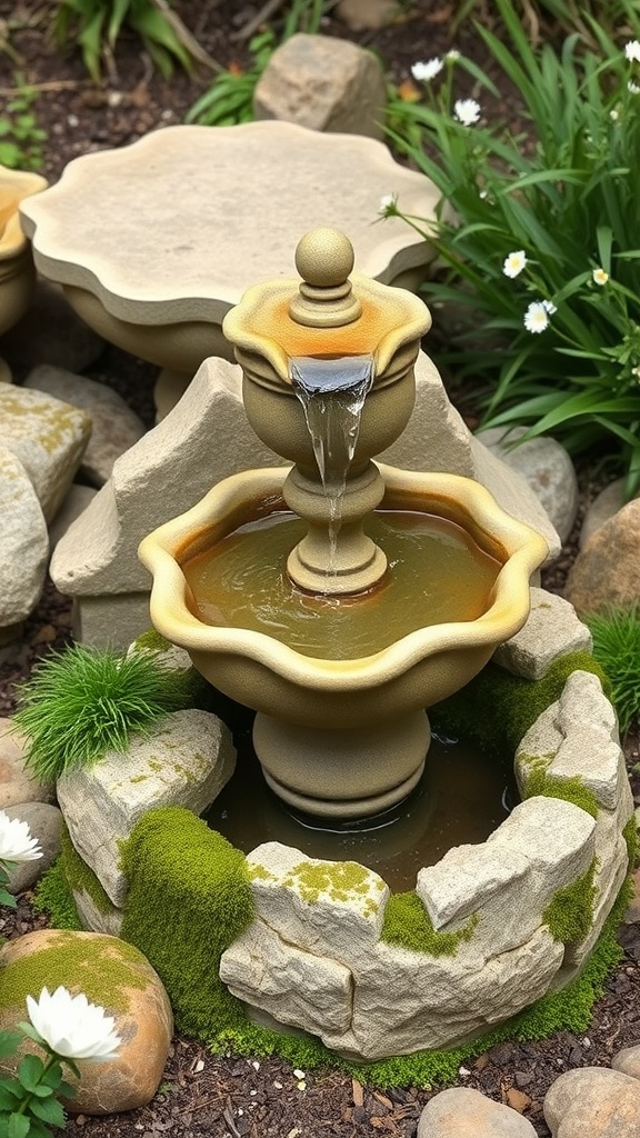 A rustic stone fountain with water flowing, surrounded by greenery and pebbles.